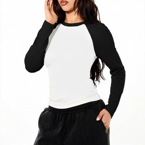 Trendy Women's White And Black <b>Raglan</b> Sleeve Crew Neck Long Sleeve T-Shirt Slim Fit Casual Knitted Cotton <b>Top</b> All Seasons Shirts - Product Image 1