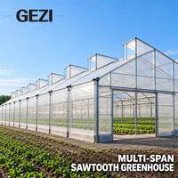 Serre à toit à pannes multiples avec ventilation verticale pour climat chaud et humide, idéale pour la culture commerciale de légumes et les pépinières