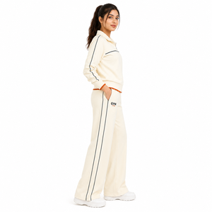 <b>Women</b> for <b>White</b> Hooded Fleece <b>Tracksuit</b> Set Custom Logo Full Zip Sports Jacket Wide Leg Pants 2 Piece Polyester/Cotton - Product Image 3
