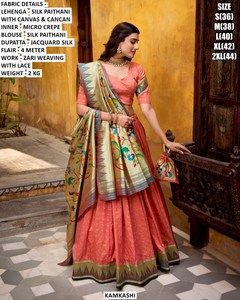 Lehenga Choli de Seda Real Peetambara para Fiesta y Diwali, Diseño Tradicional Largo Hasta el Suelo - Product Image 3