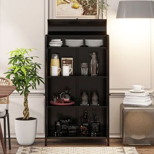 47.6\" Tall <b>Metal</b> Storage Cabinet Flip Top 4 Tier Open <b>Shelves</b> Freestanding Steel Display Stand for Living Room Cabinets Glass - Product Image 4