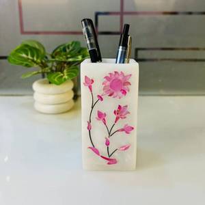 Porte-stylo en marbre avec motif floral rose, impression UV, organiseur de bureau pour usage professionnel, pièce artisanale - Product Image 1