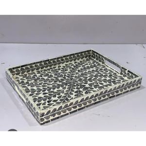 Plateau de service rectangulaire en incrustation d'os géométrique noir et blanc, plateau décoratif fait à la main, base en bois de luxe, design artisanal, décoration d'intérieur - Product Image 5