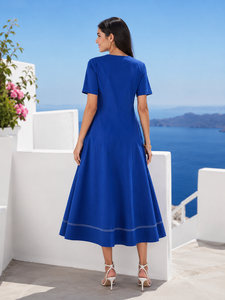 Vestido Midi de Algodón Azul Rey |   Vestidos de Verano Cortos con Cuello en V y Pliegues |   Vestido Casual de Verano con Bolsillos - Product Image 3
