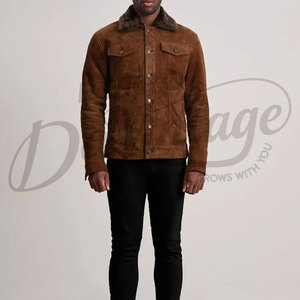 Veste en cuir suédé marron pour homme, style camionneur, hiver, col en fourrure, coupe ajustée, style western décontracté, veste en jean, vêtement d'extérieur - Product Image 3