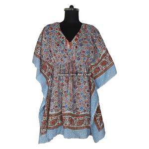 Women's Best Hand Block Print Evening Dress African Ethnic Short Kaftan KFCS136 ODM Supply Natural Waistline - Product Image 3