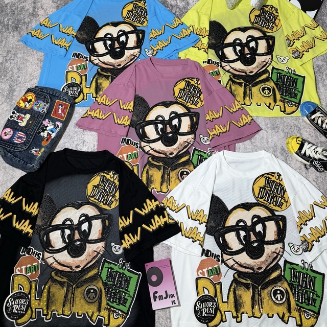8080/FANMAJIALIE High Quality Supplier Women Durable Mickey Breathable Print Sparkle Cartoon Patch Daily Wear Oversized T-Shirt