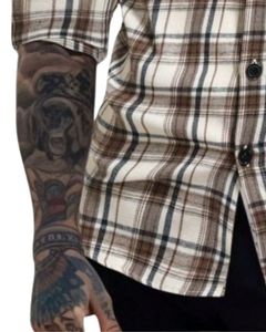 Camisa a cuadros beige y marrón para hombre, con cuello de banda, de algodón y poliéster, manga larga, con botones, para venta al por mayor, OEM, exportación. - Product Image 5