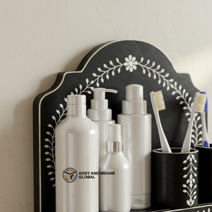 ชั้นวางของในห้องน้ำลายดอกไม้สีดำ ชั้นวางของติดผนังโค้งทำจากไม้ พร้อมที่วางแปรงสีฟัน - Product Image 3