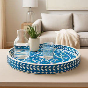 Plateau de service artisanal en os incrusté |   Décoration de table basse bohème par PERFECT ENTERPRISES - Product Image 4