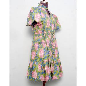 Women's Short-Length Soft Pure Cotton Midi <b>Dress</b> Hand Block Floral Print Minimalist Casual Party Wear Formal Sweet Natural - Product Image 5