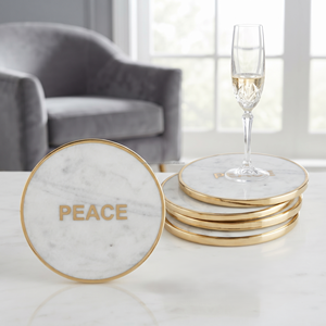 Peace White Marble Coasters Set of 4 Real Natural Stone Luxury Modern Aesthetic Eco-Friendly Semi Absorbent 100mm Diameter - Product Image 1