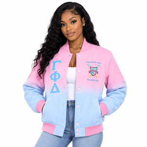 Veste universitaire en satin ombré pour femmes Gamma Phi Delta, avec lettres grecques brodées, boutons-pression, col et poignets en tricot côtelé, style Letterman - Product Image 1