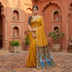 Sari traditionnel en coton avec tissage à motif paon pour femmes, idéal pour les mariages et les festivals, style indien - Product Image 4