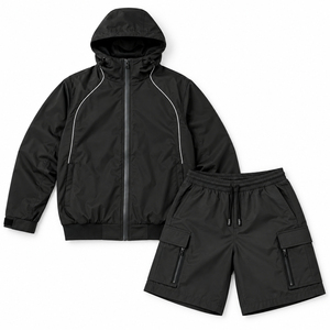 Ensemble de survêtement pour homme en nylon épais noir, coupe-vent avec capuche et fermeture éclair, et short cargo, avec passepoil réfléchissant, Vente en gros OEM - Product Image 5