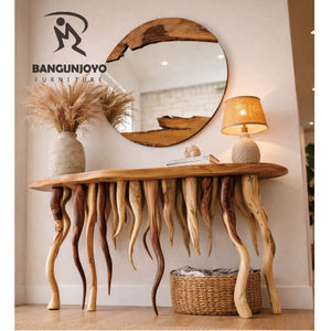 Table console en bois massif avec miroir rond - Design moderne minimaliste, durable et écologique, fabriqué à la main pour le mobilier de salon - Product Image 4