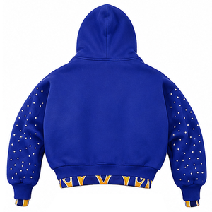 Ensemble unisexe personnalisé de sweats à capuche courts bleu roi et pantalons de survêtement à jambe large avec bordure flamme jaune et imprimé strass, fournisseur en gros - Product Image 4