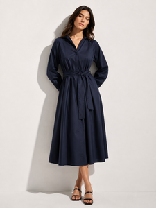 Vestido Midi Azul Marino de Manga Larga para Mujer, Cuello en V, Cintura Natural con Cinturón, Estilo Línea A, Casual, de Oficina, Sencillo, Romántico, para Fiesta, con Falda Acampanada - Product Image 1