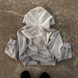 New Design Custom 100% Cotton Streetwear Sun Faded Acid Wash Cut and Sew Rhinestone Distressed Rip Double Zipper Cropped Hoodie - Product Image 2