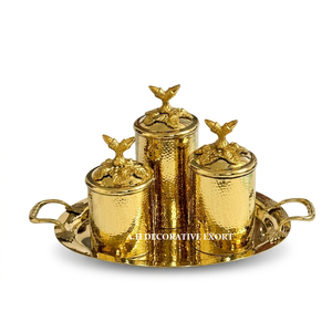 Luxury Hammered Stainless Steel Canister Set with Gold Leaf Knobs Decorative 3-Piece <b>Spice</b> & Dry Fruit Jar Set with Serving <b>Tray</b> - Product Image 5