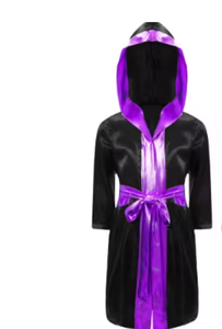PROFIT SPORTS Black Purple Hooded <b>Robe</b> <b>Satin</b> Trim Belt Breathable Quick-Dry Polyester Material Long Sleeve Boxing Training Coat - Product Image 6