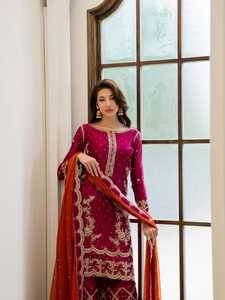 Robe de soirée et de mariage longue pour femme en chinon avec broderie Zari et sequins, travail de pierres Chakri, bordure en dentelle, séchage rapide, protection solaire - Product Image 1