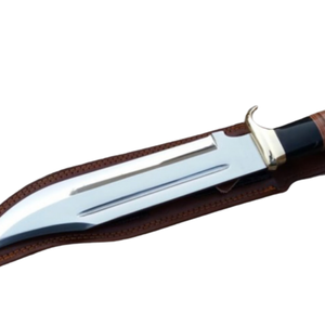 Couteau de chasse Bowie artisanal en acier D2 avec manche en corne de buffle noir, poignée en cuir marron, lame argentée, étui en cuir, pour l'extérieur - Product Image 2