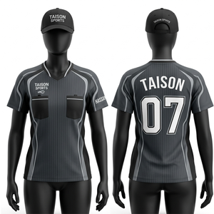 เสื้อกรรมการหญิง ผ้าโพลีเอสเตอร์อินเตอร์ล็อคคุณภาพพรีเมียม 160 GSM ระบายอากาศได้ดี แห้งเร็ว สีเทา ดำ ลายแถบ  รับสกรีนโลโก้ - Product Image 6