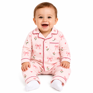Pyjama 2 pièces pour bébés filles, motif floral rose, avec nœud, chemise à manches longues et pantalon à imprimé cœurs et fleurs, pour nourrissons et tout-petits - Product Image 1