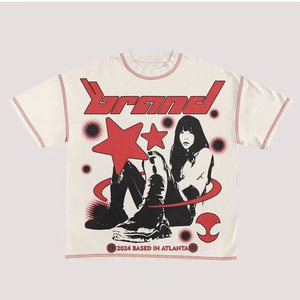 เสื้อยืดแขนสั้นผู้ชายทรงปกติ สไตล์สตรีท พิมพ์ลาย คอกลม ผ้าฝ้ายเจอร์ซีย์ 100% แต่งขอบสีตัดกัน สีดำขาว - Product Image 2