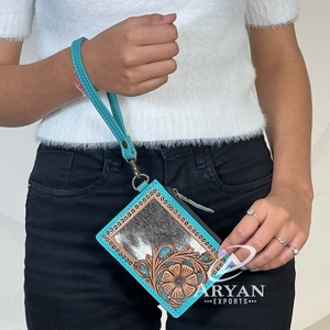 Monedero Pequeño de Cuero Genuino con Diseño Floral y Cierre de Cremallera, para Tarjetas de Crédito, Uso Diario - Product Image 1