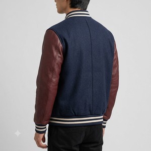 Men's Navy Blue Varsity Jacket With Burgundy Leather Sleeves <b>Button</b> Closure Turn-down Collar Casual Autumn Wear - Product Image 3