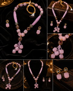 Conjunto de Joyería Étnica Estilo Bohemia con Borlas de Resina Rosa, Collar, Aretes y Anillo, Chapado en Oro, para Mujer, Ideal para Bodas - Product Image 2