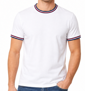 T-shirt homme col rond premium, blanc uni, bleu marine, rouge, triple rayures, col côtelé, manches courtes - Streetwear classique - Product Image 1