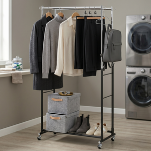Modern Metal Clothing Organizer Double Tier Storage Rack With Wheels For Bedroom Use Minimalist Design chrome metal Frame - Product Image 1