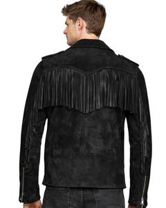 Men's Black <b>Suede</b> Motorcycle <b>Jacket</b> With Fringe Zipper Closure Turn-down Collar Regular Fit Autumn Style - Product Image 3