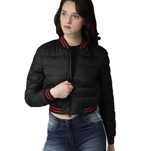 Blouson bomber unisexe noir avec bordure rouge, fermeture éclair, coupe-vent, rembourrage en polyester, décontracté, longueur courte, col rabattable - Product Image 1