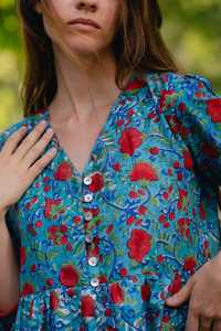 Floral & Plaid Digital Printing V-Neck Midi Dress <b>Three</b> Quarter Sleeve Loose Fit Handmade ODM Casual Daily Summer Washable - Product Image 3