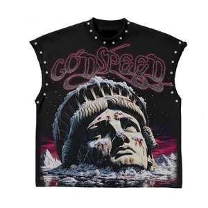 เสื้อยืดพรีเมียม 300 GSM ผ้าโพลีเอสเตอร์เนื้อนุ่ม แขนกุด สีดำ พิมพ์ลายโลโก้ตามสั่ง แฟชั่น เสื้อยืดผ้าฝ้าย 100% สำหรับผู้ชาย ทรงหลวม พิมพ์ลาย - Product Image 4