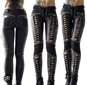 Pantalones de Cuero Góticos de Cintura Alta, Ajustados, Decorados con Remaches, Estilo Punk, Pantalones Largos para Mujer - Product Image 1
