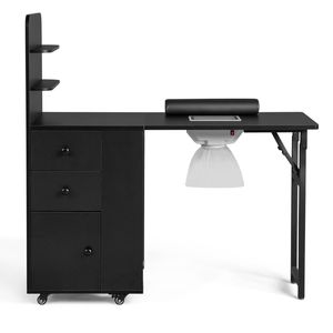 Bureau à ongles pliable en MDF noir avec 2 tiroirs et une porte de placard, table de manucure avec étagère de rangement - Product Image 2