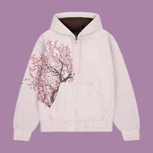 Sudadera con capucha y cremallera extragrande personalizada con estampado de flor de cerezo, estilo vintage Harajuku, color rosa, ropa urbana japonesa, con bordado gráfico, para hombre y mujer - Product Image 1