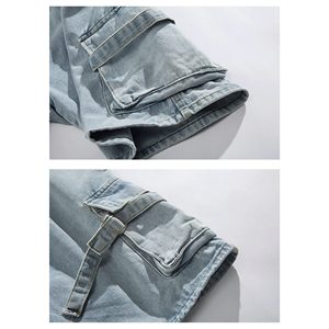 Pantalones Cortos Cargo de Lana Azul Claro para Hombre, Cintura Elástica Alta, Estilo Casual, con Bolsillos, Transpirables, Ecológicos, Sólidos, Vintage - Product Image 3