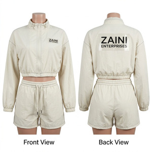 Women <b>Crop</b> <b>Top</b> Windbreaker Short Set Premium Nylon Shell 80 GSM <b>Cream</b> Athletic Custom Logo Lightweight Trackwear Elastic Hem Fit - Product Image 1