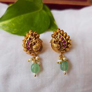 Fine Stud Earrings Peacock Studs with Pastel Green Pearls - Product Image 1