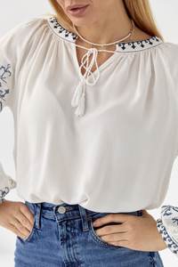 Chemisier bohème brodé pour femme, en coton, à manches longues, style paysanne, motif floral ethnique, coupe ample, tunique - Product Image 4