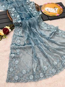 Party Wear Designer Sequence Work Burburry Silk Saree With Silk Blouse - Product Image 3