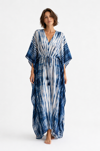 Vestido Maxi Bohemio Azul Tie Dye 100% Algodón para Mujer, Cuello en V, Cintura Natural, Ecológico, para Playa, Casual, Verano, Resort - Product Image 1