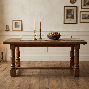 <b>Rustic</b> Wooden <b>Dining</b> <b>Table</b> Antique Rectangular Top with Turned Legs and Stable Base - Product Image 5