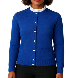 High Demand <b>Royal</b> <b>Blue</b> <b>Women</b>’s Knit <b>Cardigan</b> Sweater White Ruffle Collar Embroidered Cotton Letter Button-Up Breathable - Product Image 5
